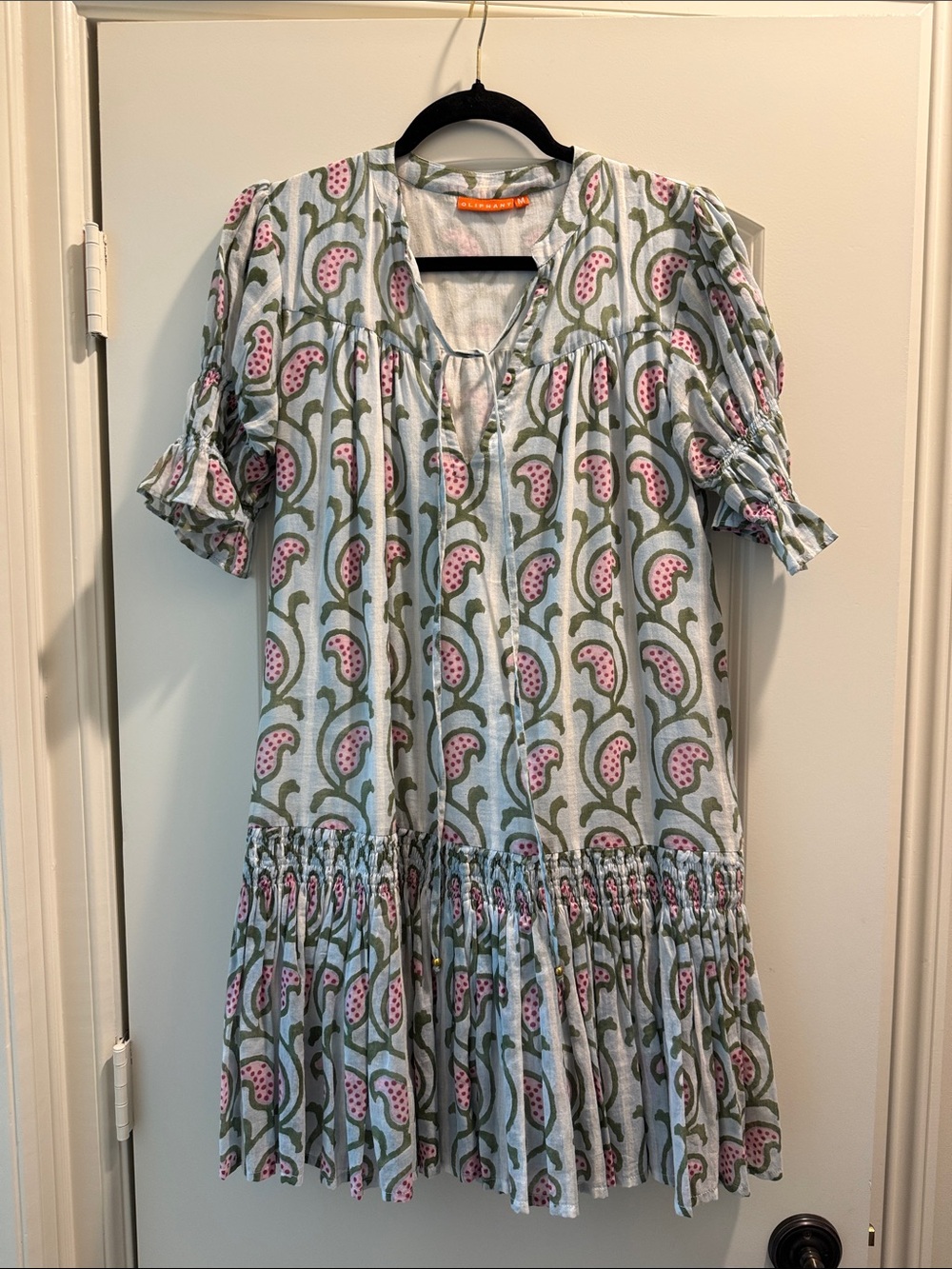 Light Blue Floral Print Tiered Tunic Dress with Pink Accents